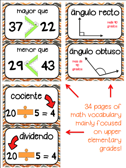 4th Grade Math Word Wall in Spanish | Tarjetas de vocabulario para  matemáticas